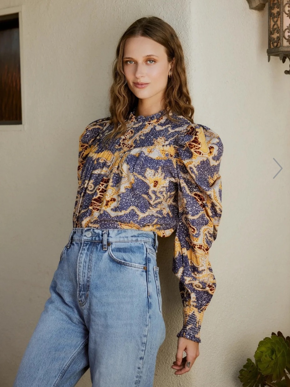 Cleobella Irina Puff-Sleeve Blouse in Blue and Yellow Floral Print